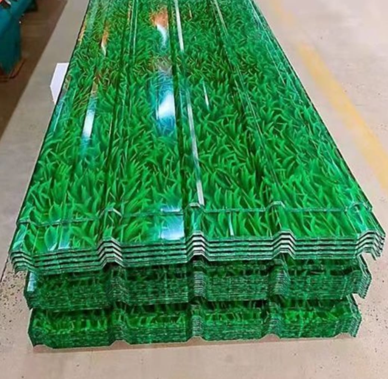 Stack of glossy green Dumuzas roofing sheets, showing the finished surface and profiled edges